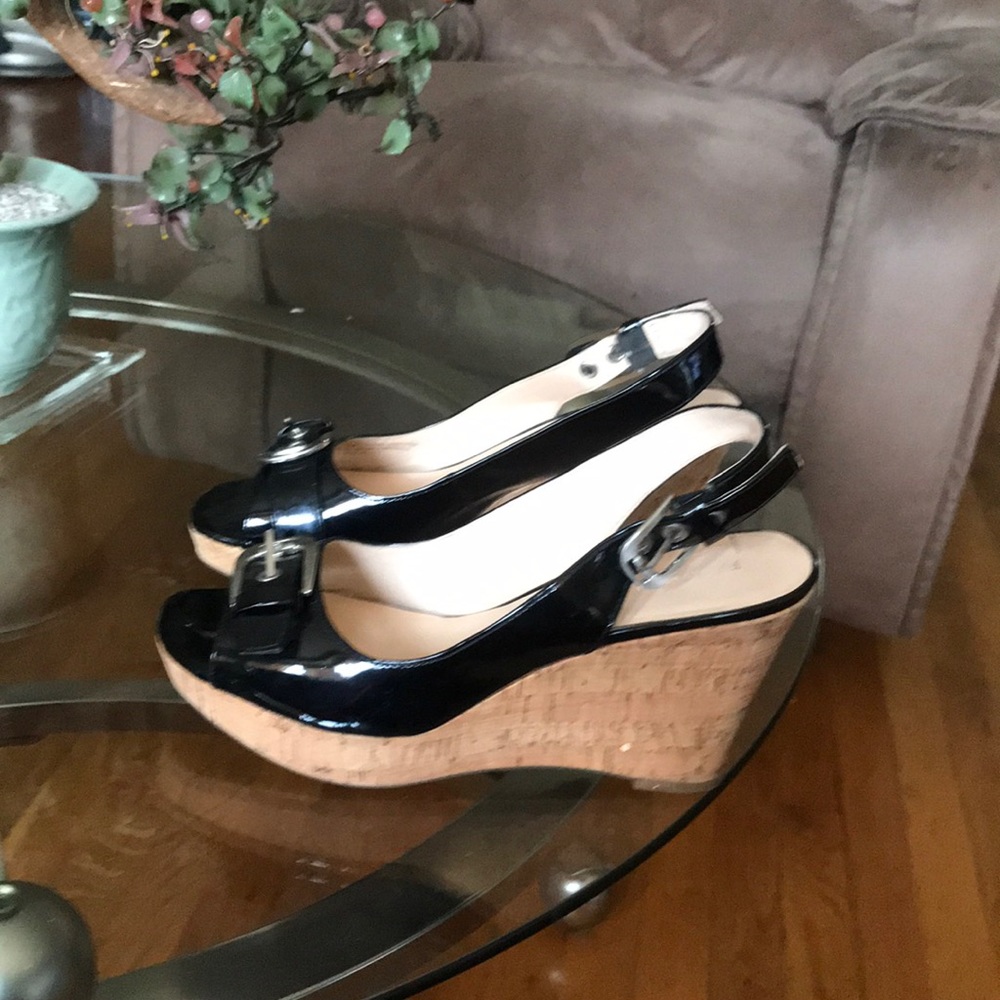 Black wedge sling back heels